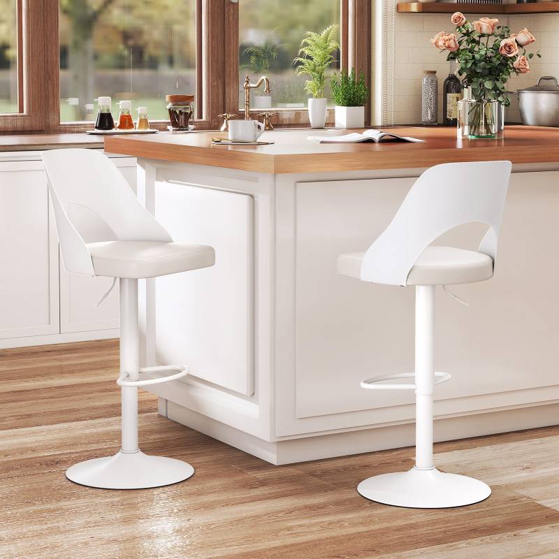 Barhocker 2er Set Barstühle 360° drehbar höhenverstellbarer Drehstuhl Küchenstühle mit Kunstledersitz & Rückenlehne Weiß von Costway