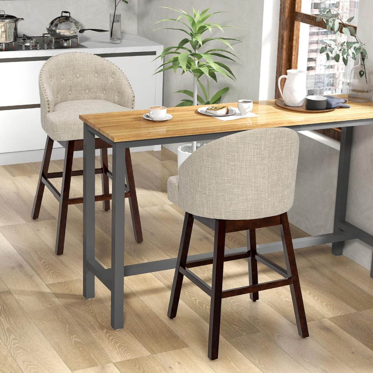 Barhocker 2er Set Barstuhl 360° drehbar Küchenhocker mit Lehne und Fußstütze 55 x 53 x 105 cm Beige + Braun von Costway