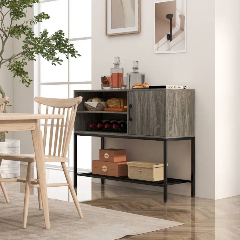 Barschrank mit Weinregalen und Ablageflächen Konsolentisch aus Holz mit Metallrahmen für Esszimmer 100 x 35 x 83 cm Grau von Costway