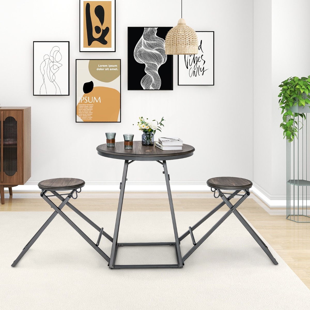 Bartisch mit Barhocker Set 2 Personen Bartisch Set klappbar 206,5 x 77,5 x 90 cm Rustikalbraun von Costway