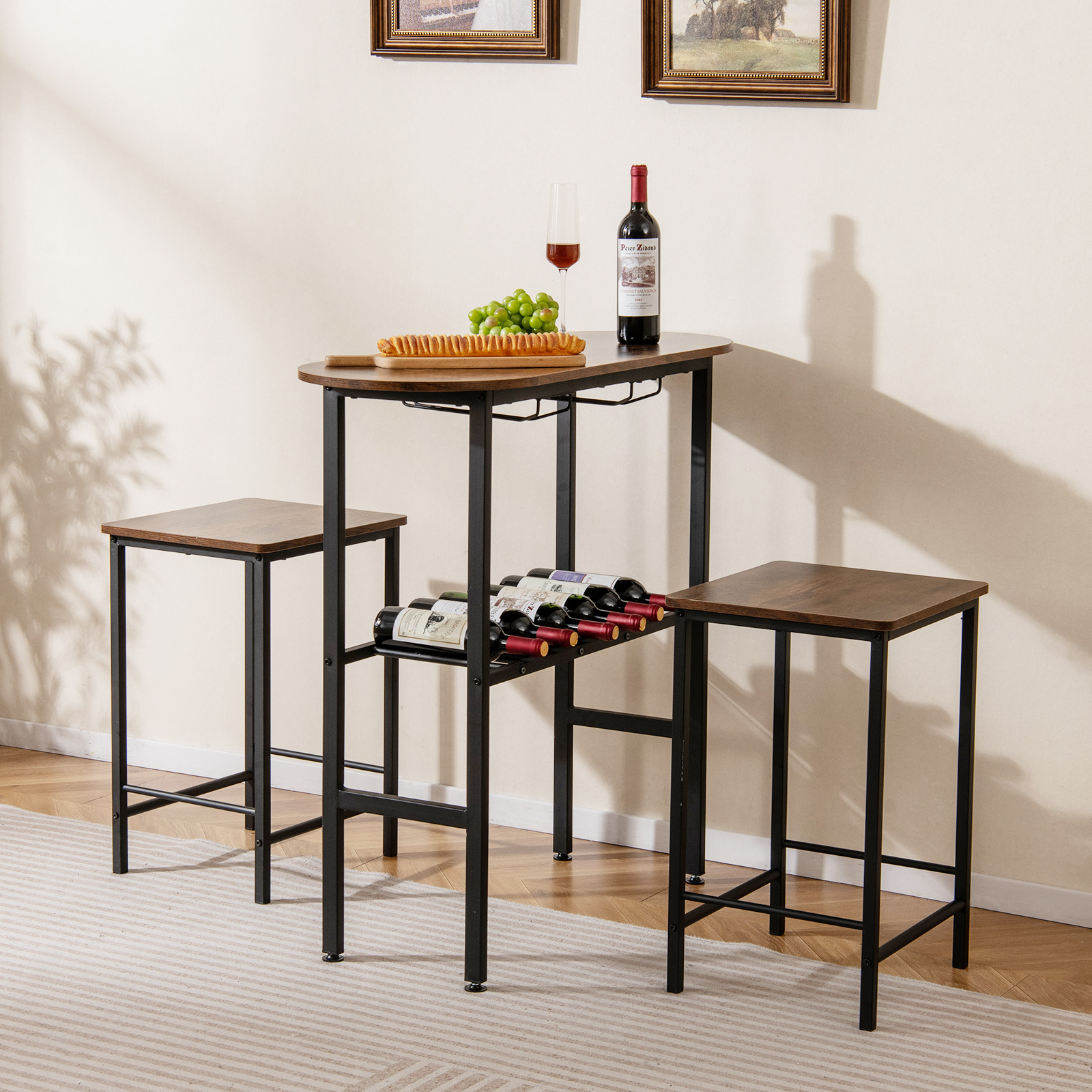 Bartisch mit Barhocker Set 2 Personen Bartisch Set mit Halterungen für Weingläser und Flaschen Vintage von Costway