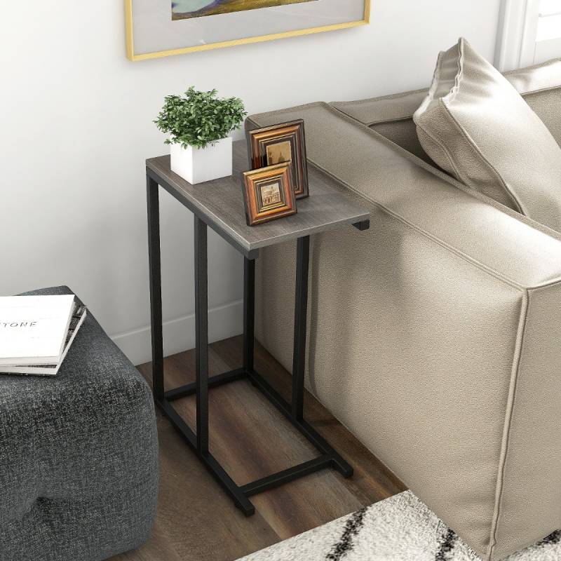 Beistelltisch C-Form Sofatisch mit Metallgestell Kaffeetisch für Wohnzimmer Grau von Costway