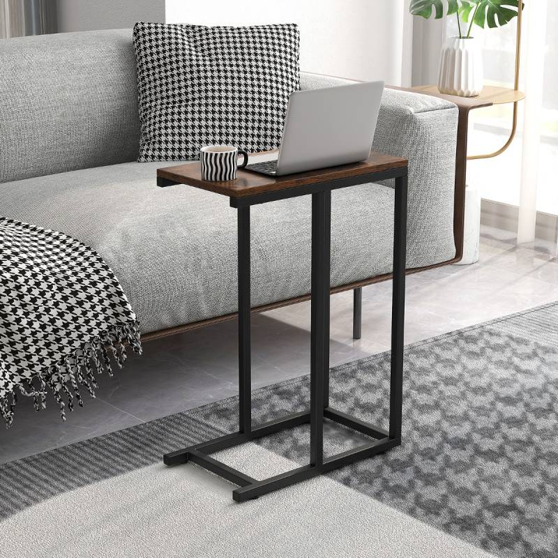 Beistelltisch C-Form Sofatisch mit Metallgestell Kaffeetisch für Wohnzimmer Rustikales Braun von Costway