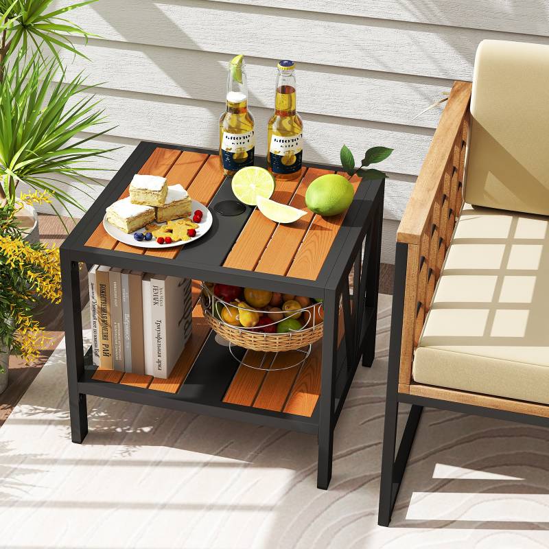 Beistelltisch Outdoor wetterfest Gartentisch mit Schirmloch kleiner Balkontisch mit Ablage 52 x 46 x 45 cm von Costway