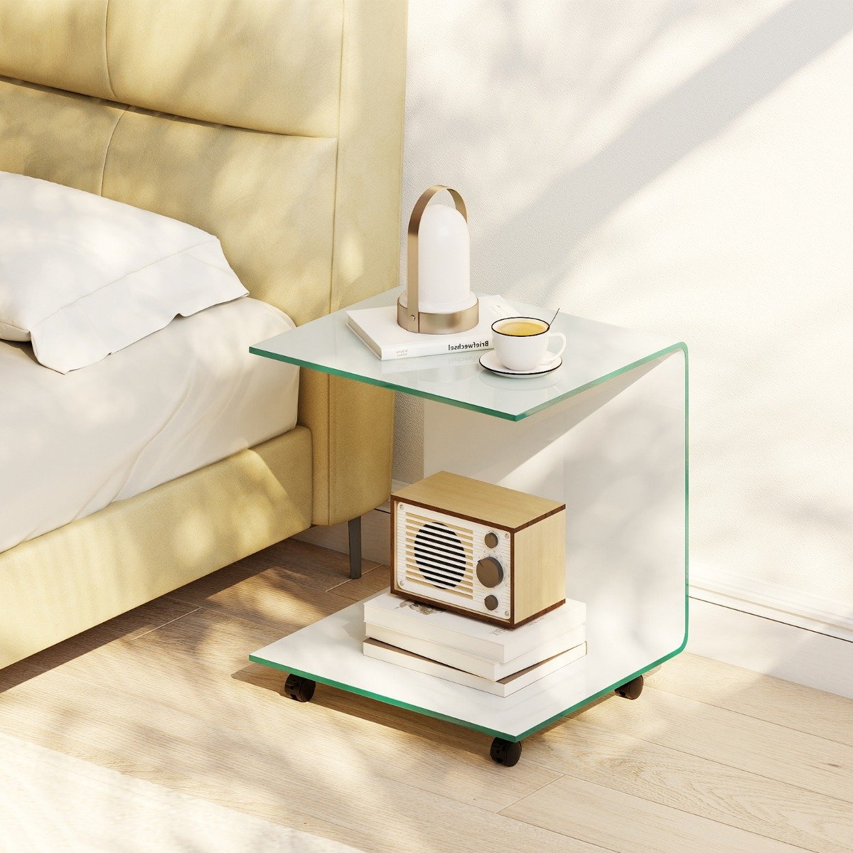 Beistelltisch aus Gehärtetem Glas mit Rollen C-Form Glastisch Nachttisch Sofatisch Kaffeetisch Weiß Beistelltisch aus Gehärtetem Glas mit Rollen C-Form Glastisch Nachttisch Sofatisch Kaffeetisch Weiß von Costway
