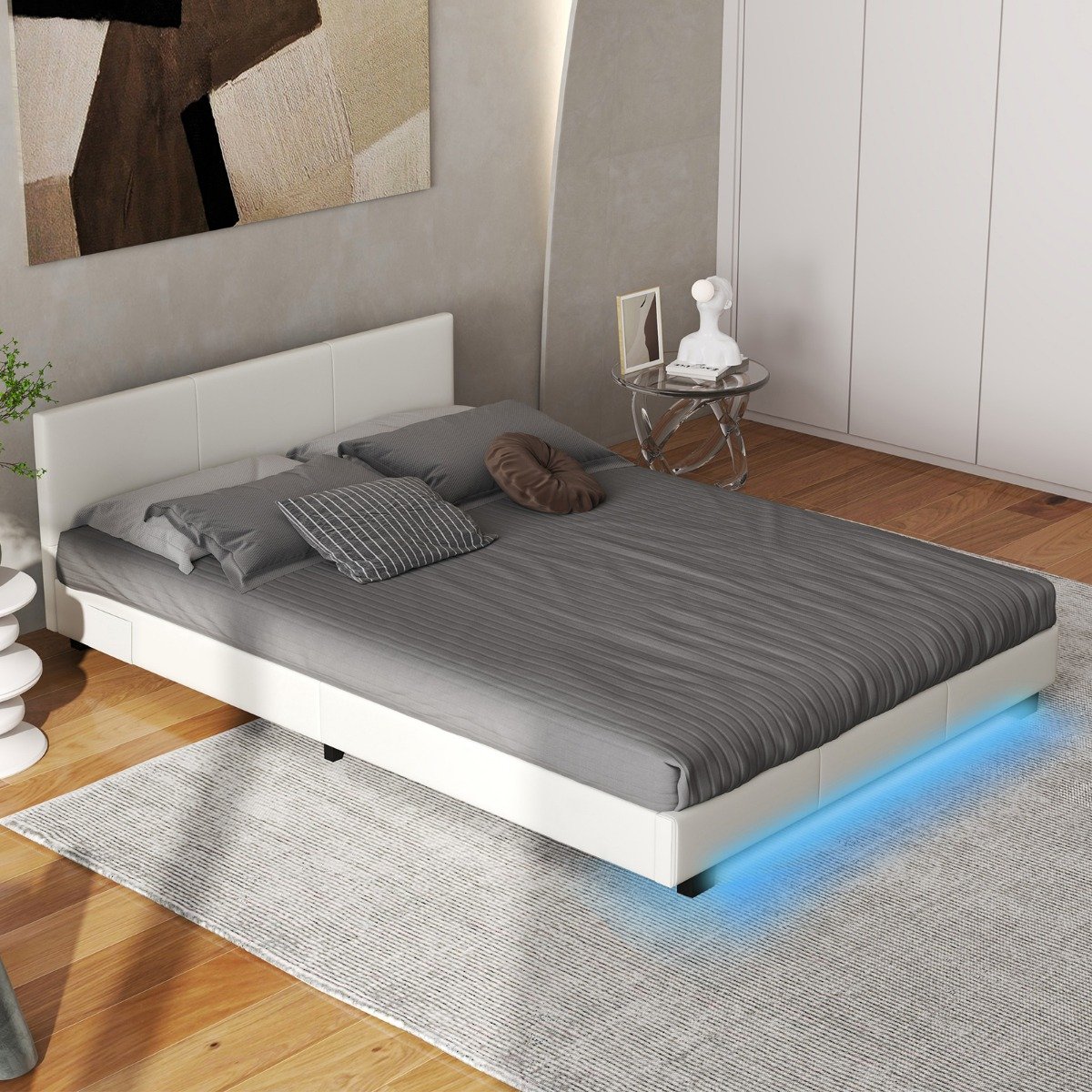 Bett mit LED Beleuchtung 140 x 200 cm Polsterbett mit Lattenrost Bettgestell Bettrahmen Weiß von Costway