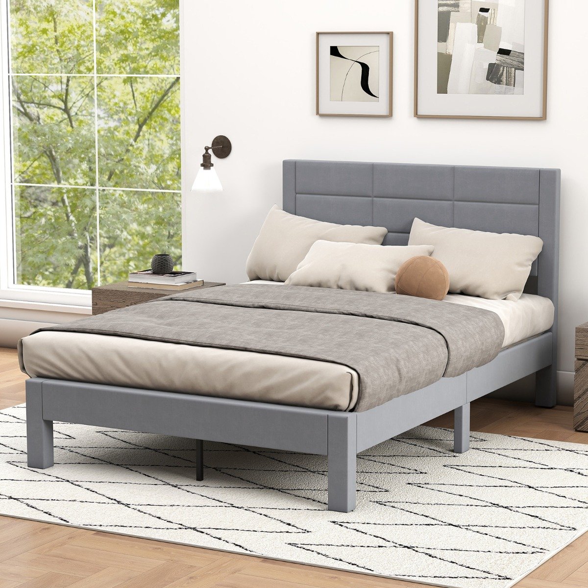 Bettgestell für 200 x 140 cm Matratze Samtstoff Gepolstertes Doppelbettgestell Plattformbett Grau von Costway