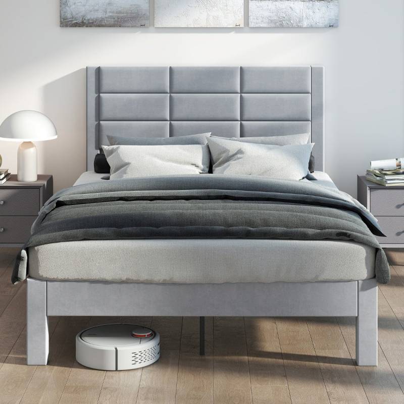 Bettgestell für 200 x 140 cm Matratze Samtstoff Gepolstertes Doppelbettgestell Plattformbett Grau von Costway