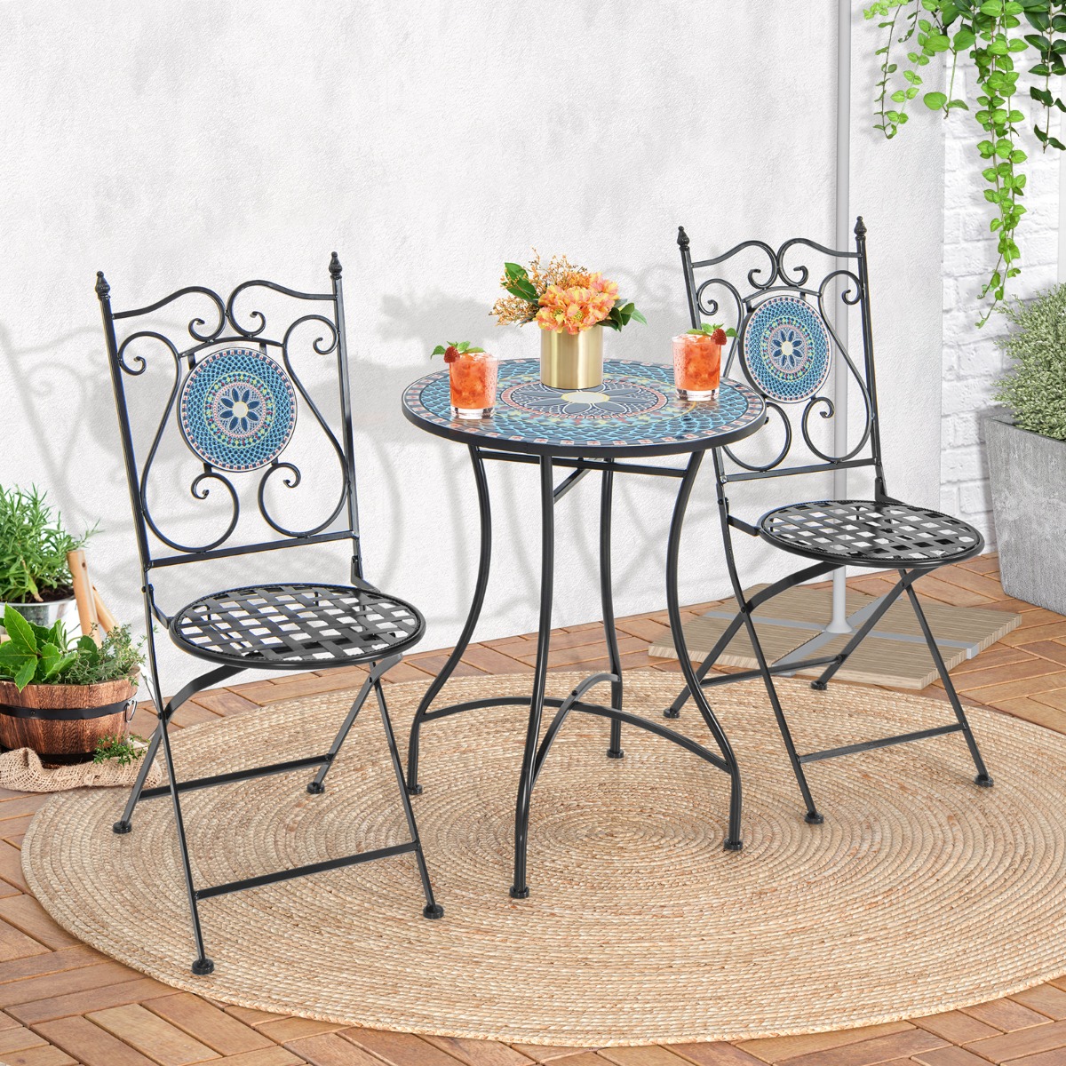 Bistrotisch mit 2 Stühlen Mosaik Bistroset klappbar 3-teiliges Balkonset Blau von Costway