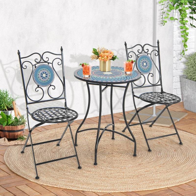 Bistrotisch mit 2 Stühlen Mosaik Bistroset klappbar 3-teiliges Balkonset Blau von Costway