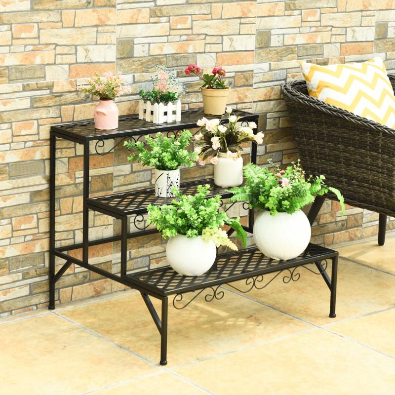 Blumenregal 3-Stufiger Metall-Pflanzenständer 70 x 60 x 60 cm Schwarz von Costway