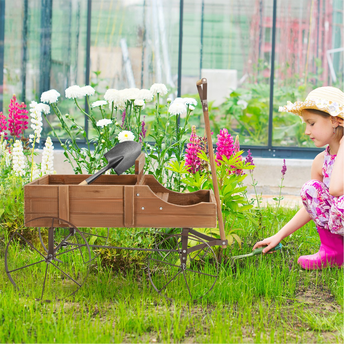 Blumenständer Holzwagen Blumenkasten Pflanzenständer für Garten 62 x 34 x 60 cm Braun von Costway