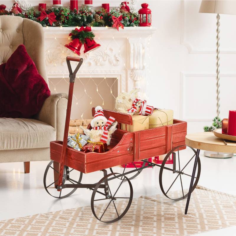 Blumenständer Holzwagen Pflanzwagen Blumenwagen mit Metall 62 x 34 x 60 cm Rot von Costway