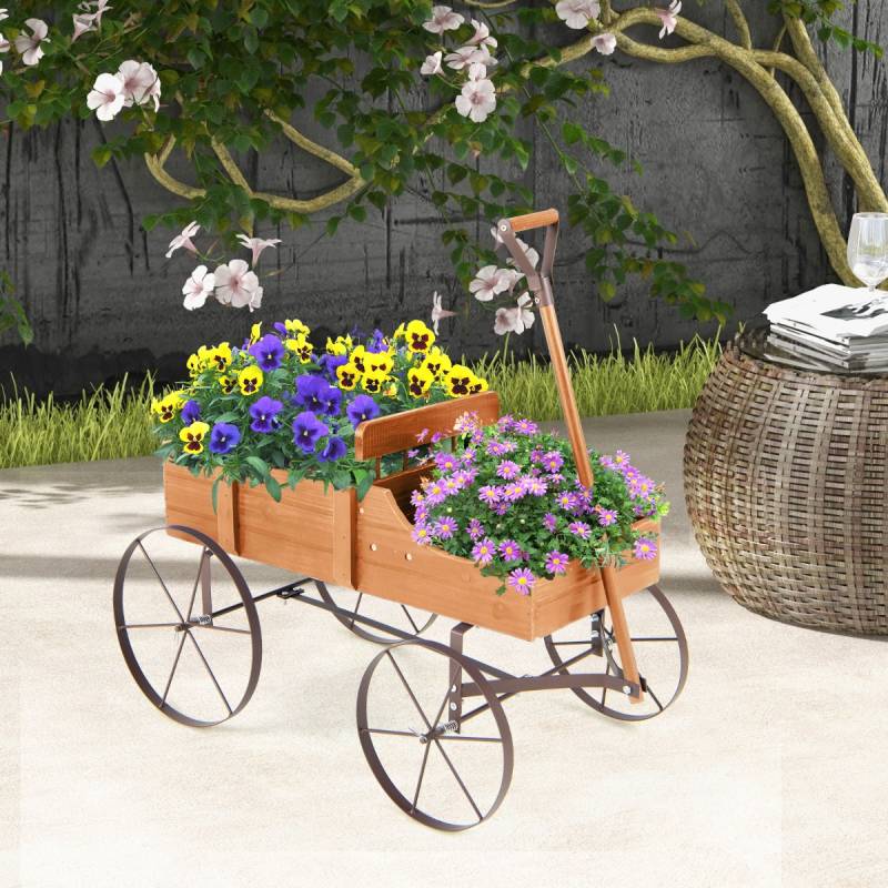 Blumenständer Holzwagen Pflanzwagen Blumenwagen mit Rädern aus Metall 62 x 34 x 60 cm Orange von Costway