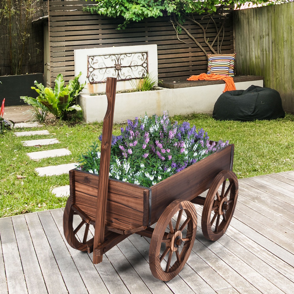 Blumenwagen Holz Pflanzwagen mit 4 Rädern Blumenkarre 120 x 43  x 53,5 cm Braun von Costway