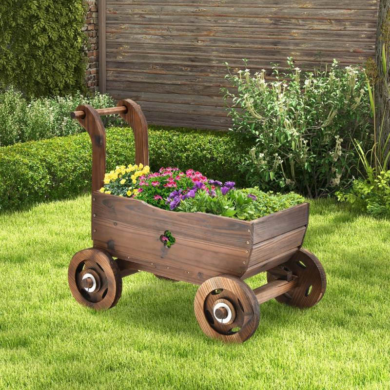 Blumenwagen Pflanzkasten aus Holz mit Rädern 68 x 38,5 x 53,5 cm Braun von Costway