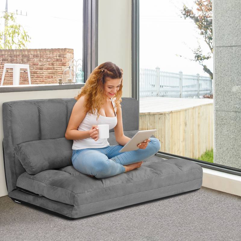 Bodensofa Einstellbares Bettsofa Schlafcouch Lazy Sofa Bett mit 2 Kissen Grau von Costway