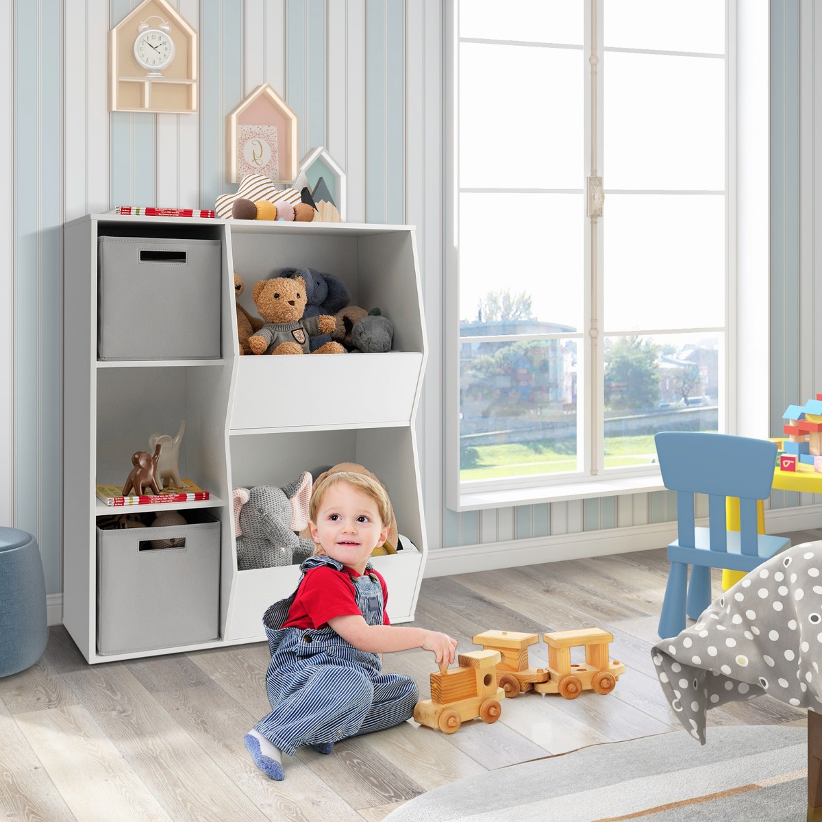 Bücherregal Kinder 3-stöckiges Kinderregal mit 2 Boxen & 5 Fächern 77 x 29 x 94 cm Weiß+Grau von Costway