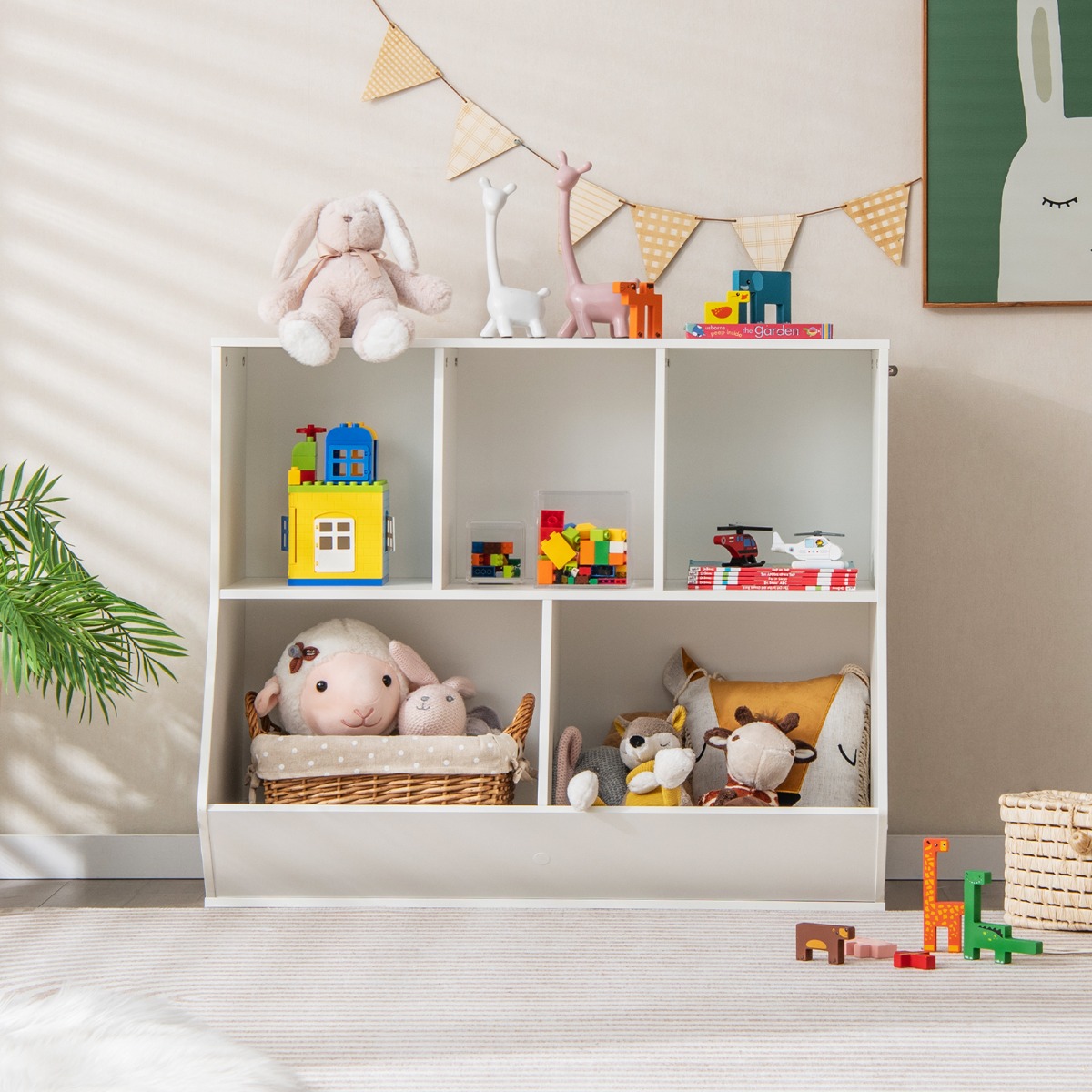 Bücherregal für Kinder mit 5 Würfelfächern Kinderregal aus Holz mit Kippsicherungen Weiß von Costway