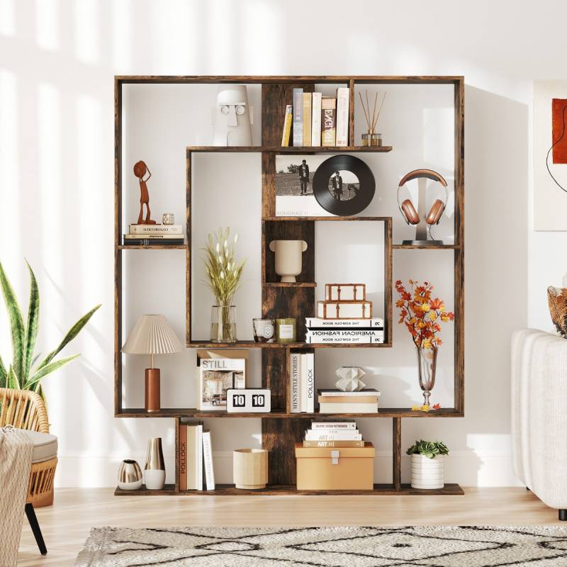 Bücherregal mit 7 Ebenen Raumteiler Regal Geometrisches Standregal Büroregal Rustikalbraun von Costway