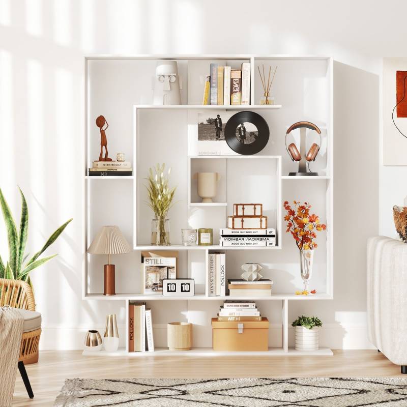 Bücherregal mit 7 Ebenen Raumteiler Regal Geometrisches Standregal Büroregal Weiß von Costway
