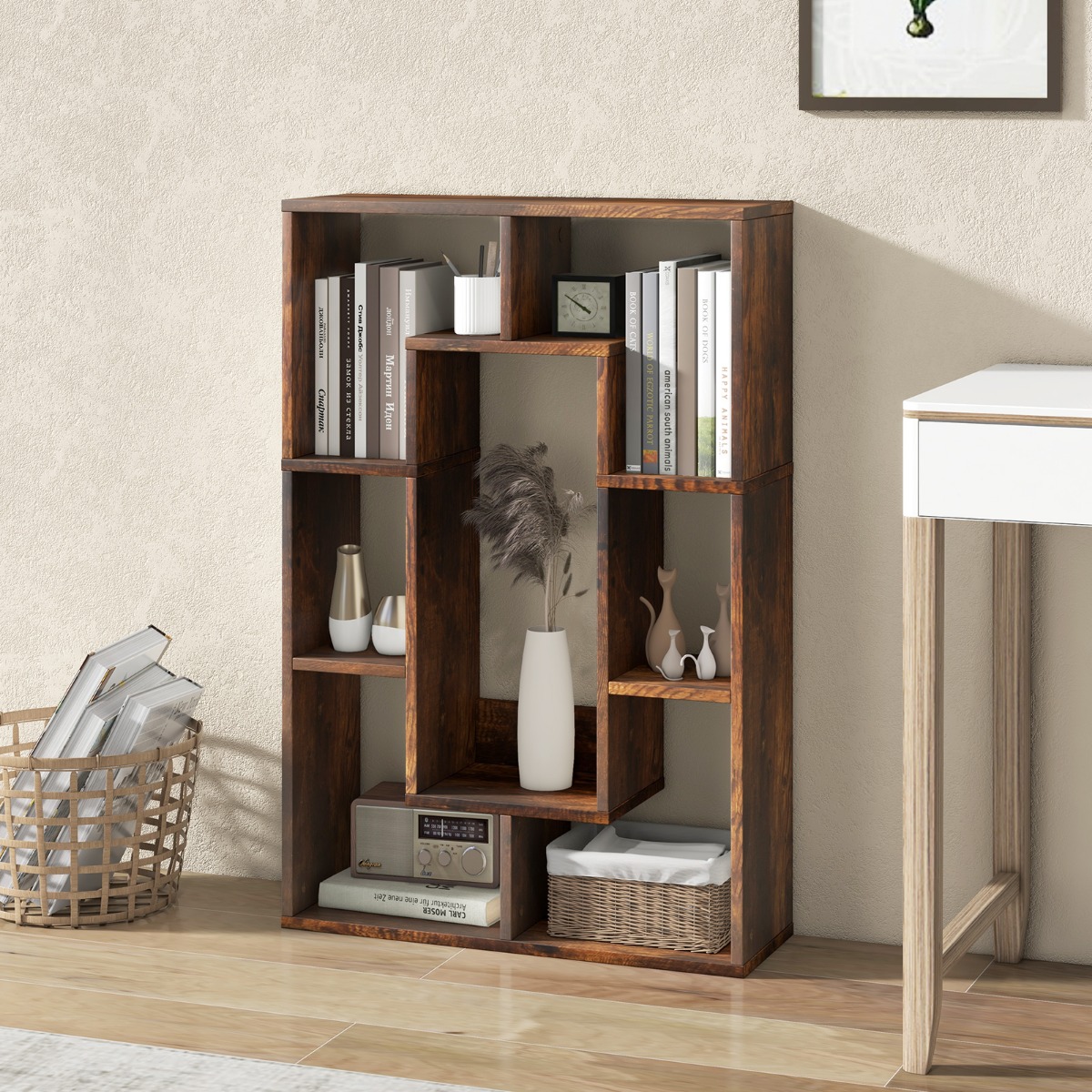 Bücherregal mit 7 Fächern Standregal Raumteiler Regal Würfelregal mit Kippschutz 60 x 20 x 90 cm Kaffee von Costway