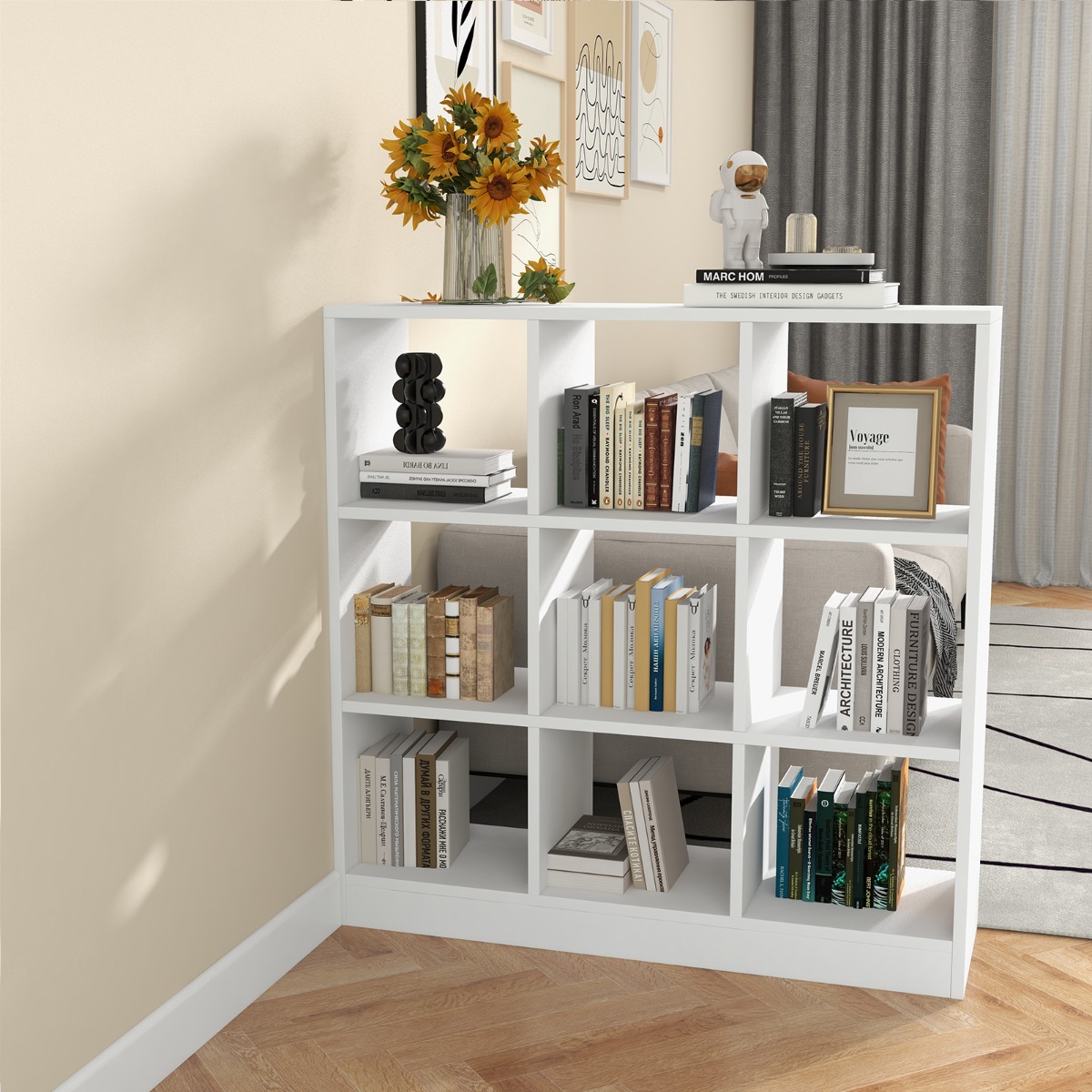 Bücherregal mit 9 Fächern Raumteiler Regal Würfelregal Standregal 107,5 x 33 x 107,5 cm Weiß von Costway