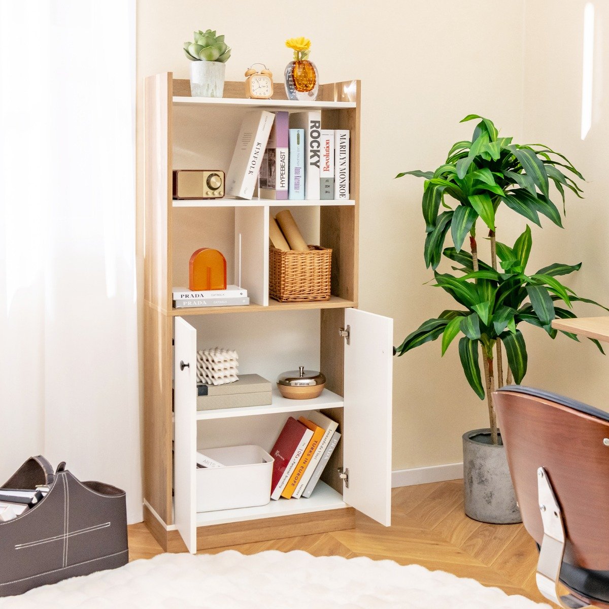 Bücherregal mit Doppeltürschrank 3-stöckiges Standregal mit Offenen Fächern 60 x 30 x 140 cm von Costway