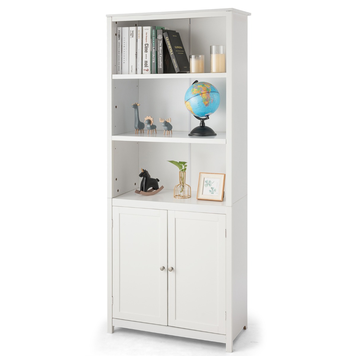 Bücherschrank mit Türen & 3 Offenen Regalen Bücherregal Hochschrank 74,5 x 35,5 x 181,5 cm Weiß von Costway