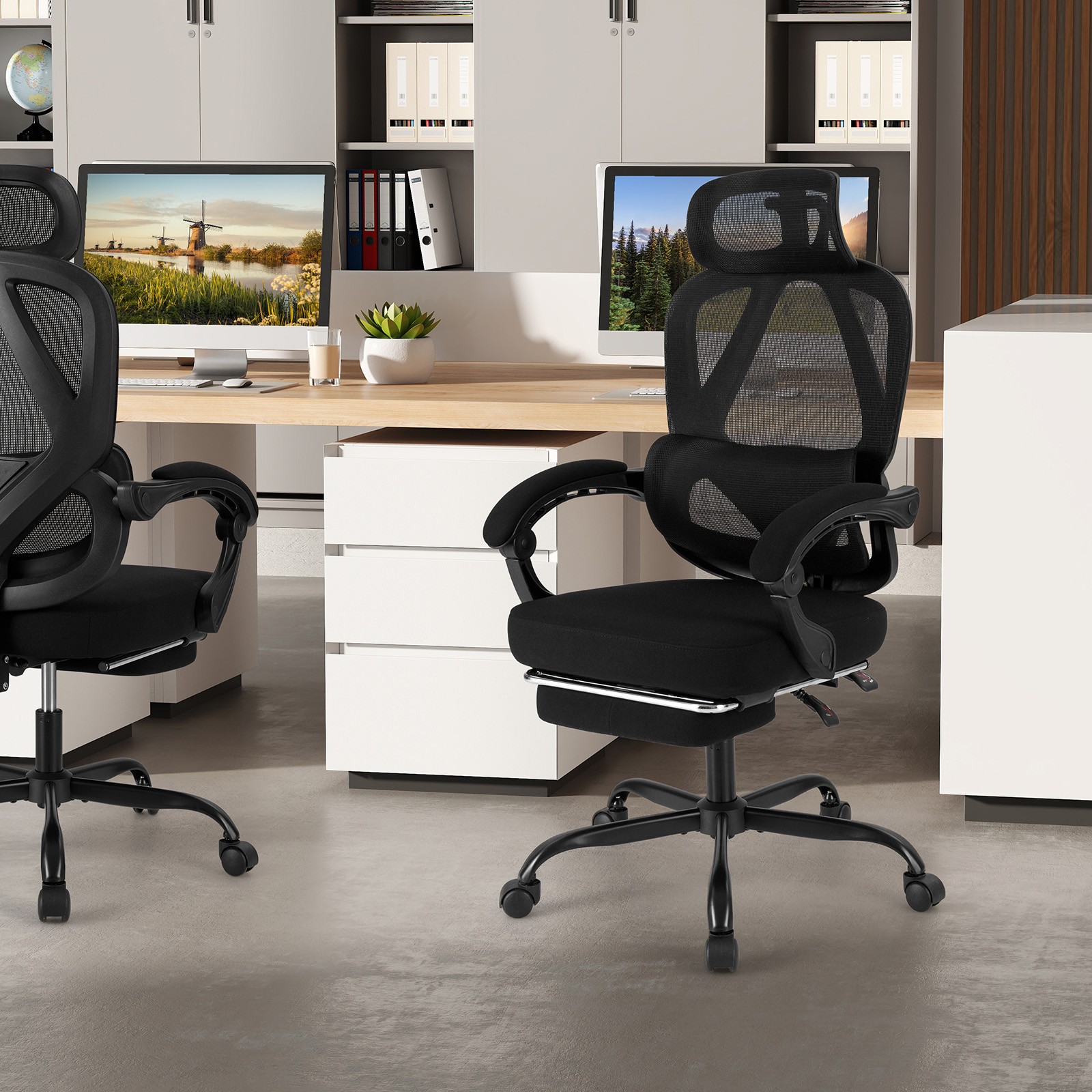 Bürostuhl ergonomisch mit einziehbarer Fußstütze Schreibtischstuhl mit Verstellbarer Rückenlehne Drehstuhl für Zuhause von Costway