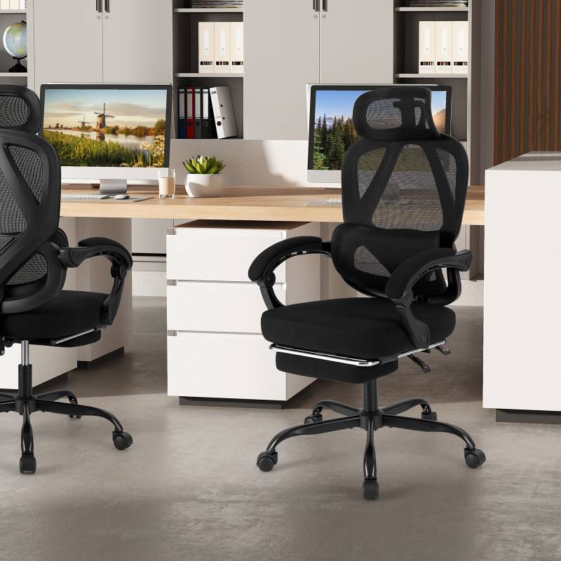 Bürostuhl ergonomisch mit einziehbarer Fußstütze Schreibtischstuhl mit Verstellbarer Rückenlehne Drehstuhl für Zuhause von Costway