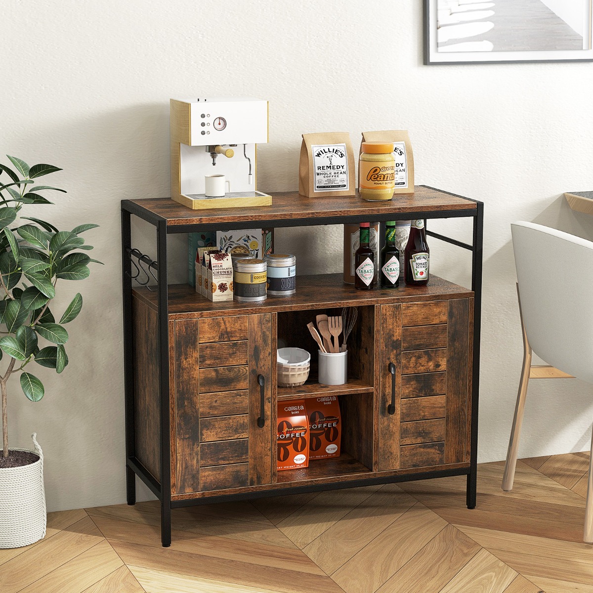 Buffet Schrank mit 2 Türen & Offenen Fächern & Verstellbaren Regalen & 3 Haken Sideboard von Costway
