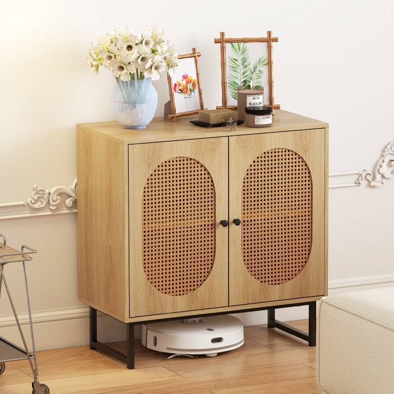 Buffetschrank stabiler Rattan-Lagerschrank mit 2 Türen verstellbares Regal & Metallbeine Natur von Costway