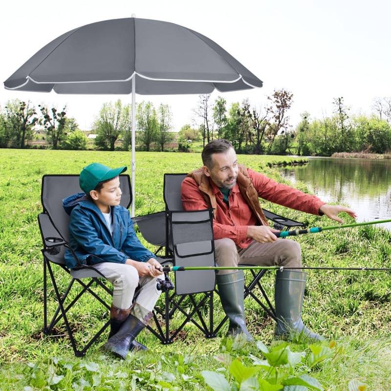 Campingstuhl mit Sonnenschirm Doppel Klappstuhl mit Getränkehalter Kühltasche Grau von Costway