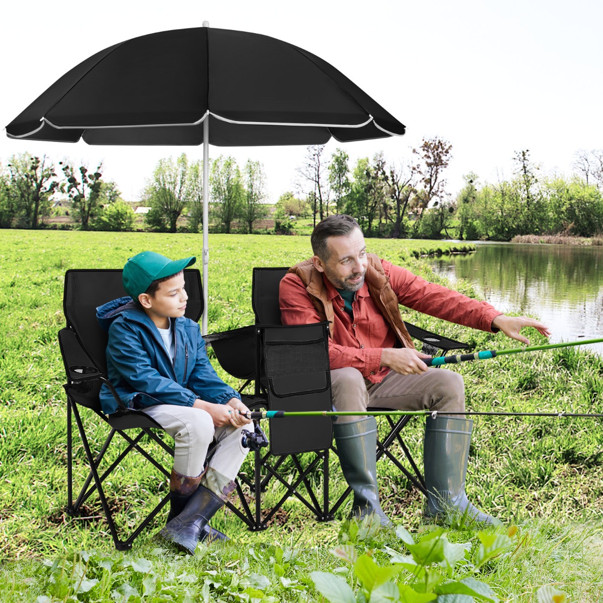 Campingstuhl mit Sonnenschirm Doppel Klappstuhl mit Getränkehalter Kühltasche Schwarz von Costway
