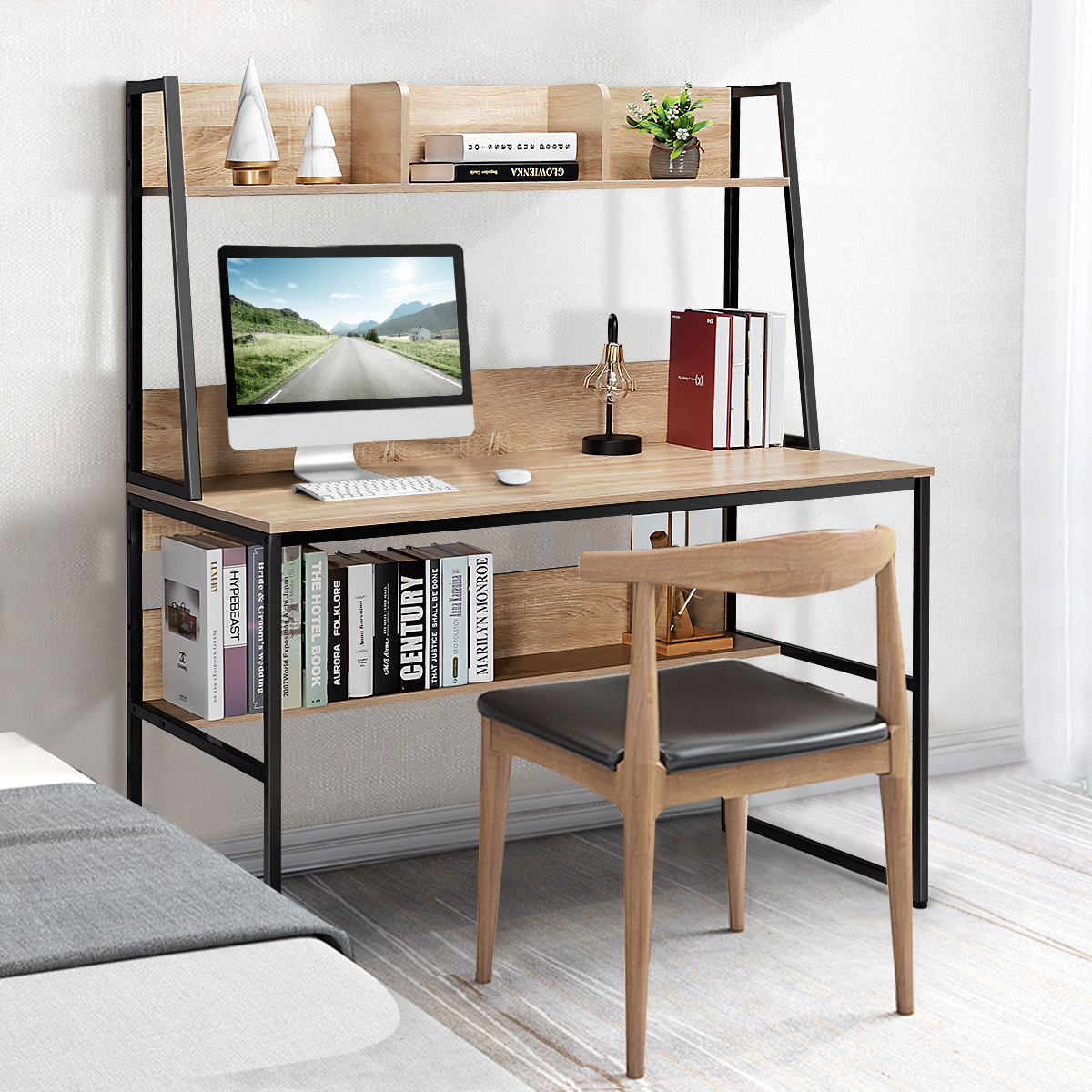 Computertisch mit Ablage & Bücherregal & Verstellbaren Fußpads Schreibtisch Arbeitstisch Natur von Costway