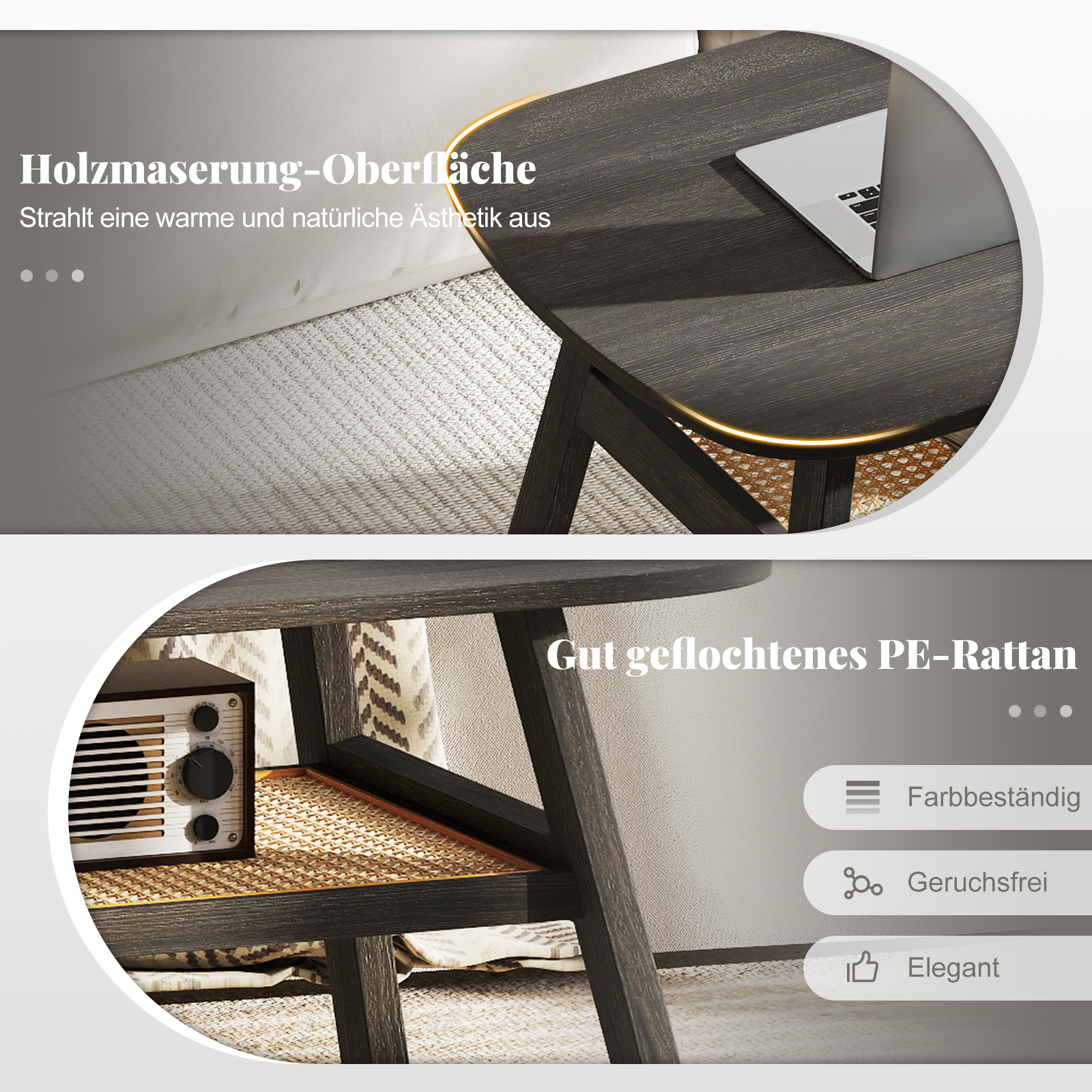 Couchtisch Holz Wohnzimmertisch mit Rattan-Ablage Beistelltisch 2 Ebenen Kaffeetisch rustikal 100 x 55 x 44,5 cm von Costway