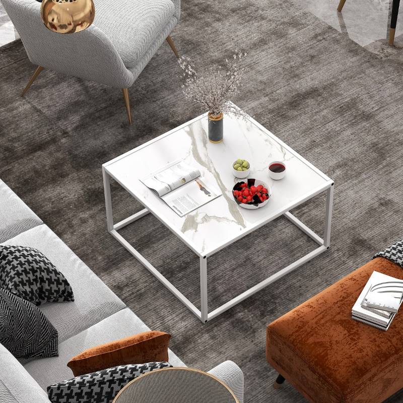 Couchtisch Marmor Optik rechteckiger Kaffeetisch mit Metallrahmen 70 x 70 x 40 cm Weiß von Costway