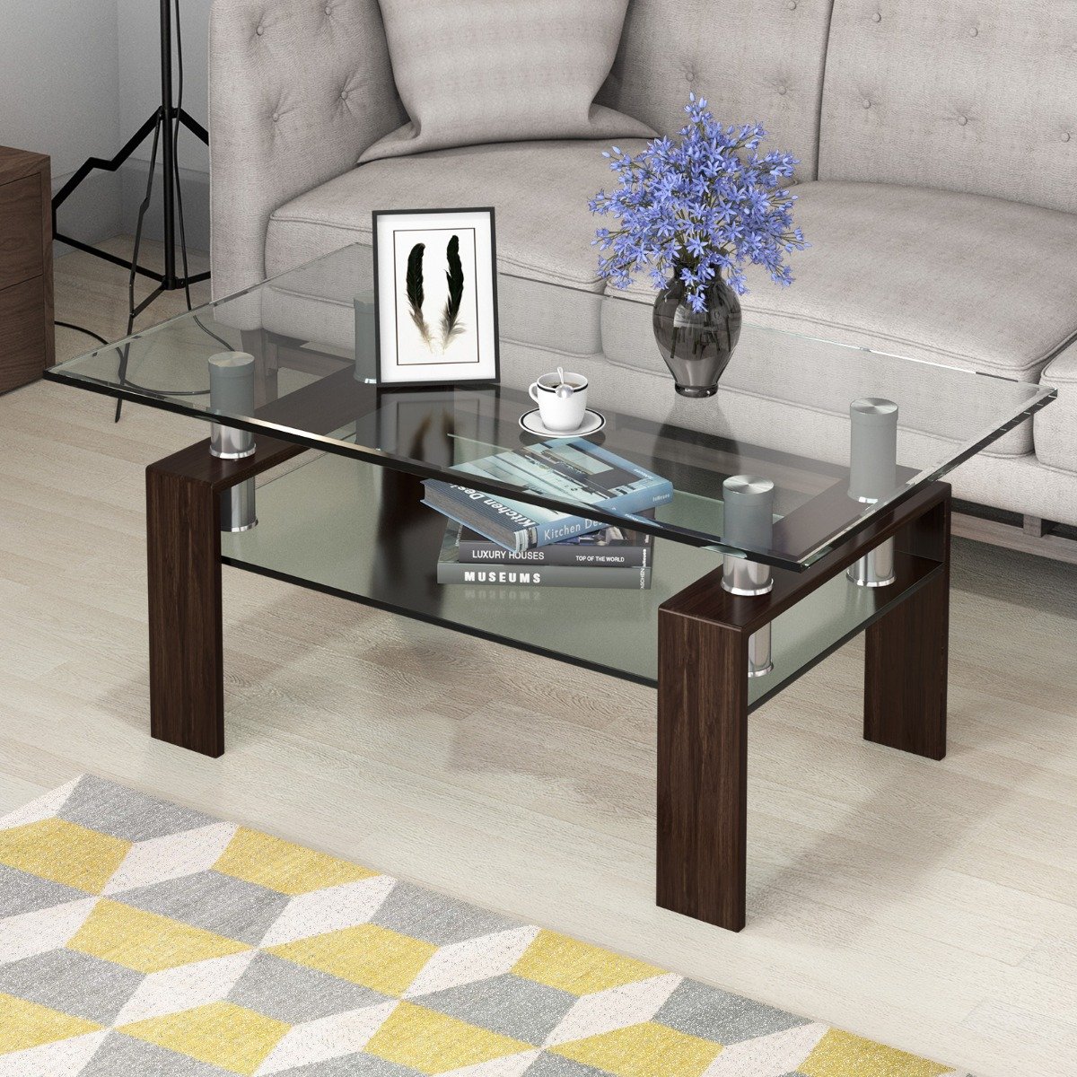 Couchtisch aus Glas Wohnzimmertisch mit unterer Ablage Sofatisch 99,5 x 59,5 x 44,5 cm Braun von Costway