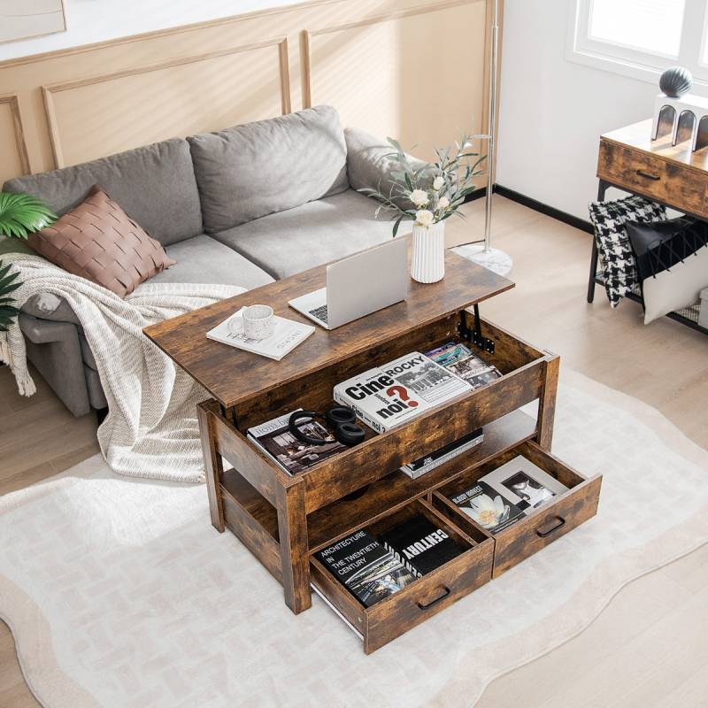 Couchtisch höhenverstellbar mit Schubladen Kafeetisch aus Holz 106 x 50 x 48 cm Braun von Costway