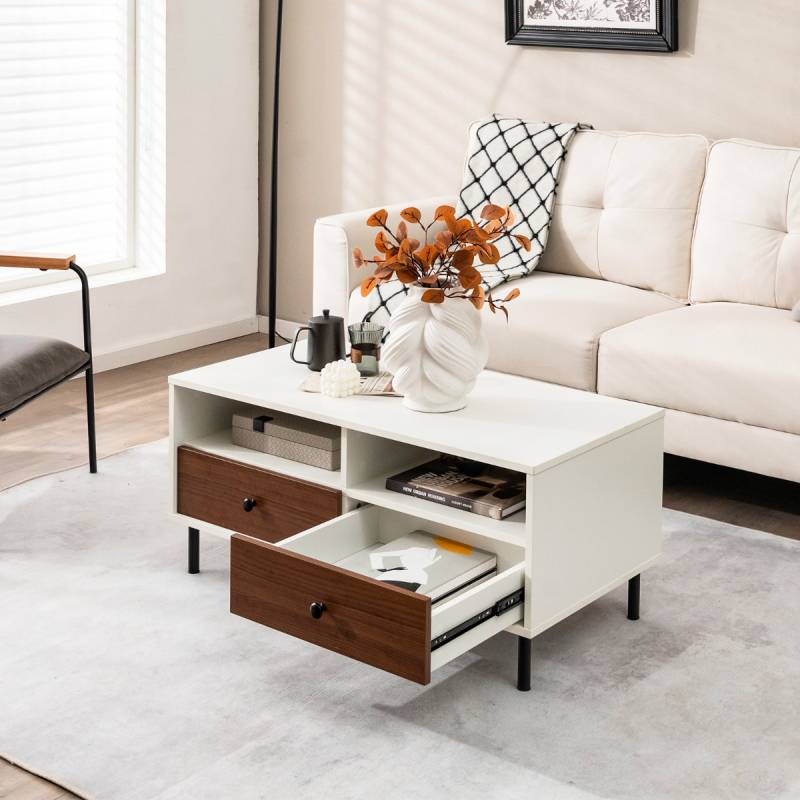 Couchtisch mit 2 Schubladen & 2 Ablagen Wohnzimmertisch rechteckig mit Stauraum 95 x 48 x 45 cm von Costway