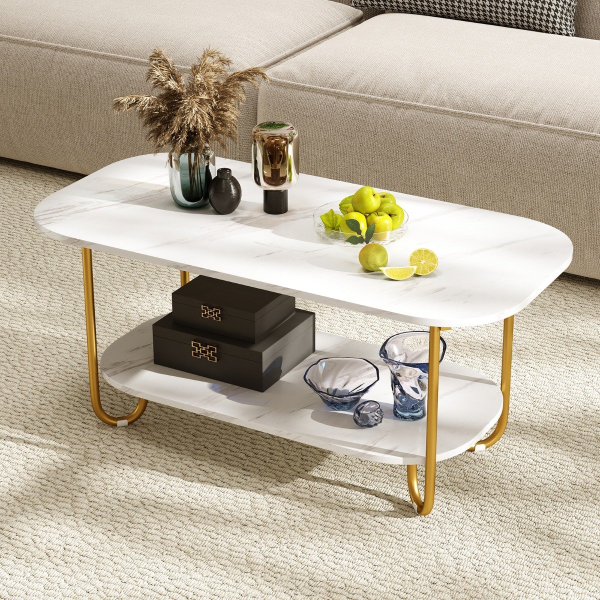 Couchtisch mit Faux-Marmorplatte 2-stufiger moderner Teetisch mit robustem Metallrahmen 100 x 50 x 45 cm von Costway