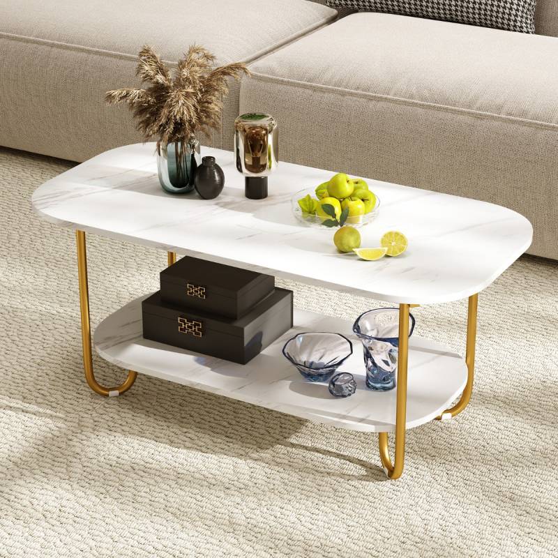 Couchtisch mit Faux-Marmorplatte 2-stufiger moderner Teetisch mit robustem Metallrahmen 100 x 50 x 45 cm von Costway