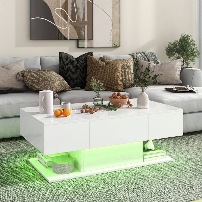 Couchtisch mit LED Beleuchtung Hochglanz 20 Farben Helligkeit einstellbar 110 x 60 x 40 cm Weiß von Costway