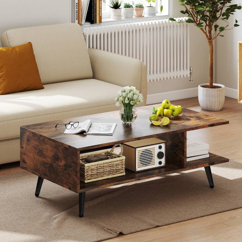 Couchtisch mit Stauraum 2 stufiger Wohnzimmertisch mit offenem Regal & Metallbeinen Beistelltisch aus Holz 80 x 45 x 30 cm Braun von Costway
