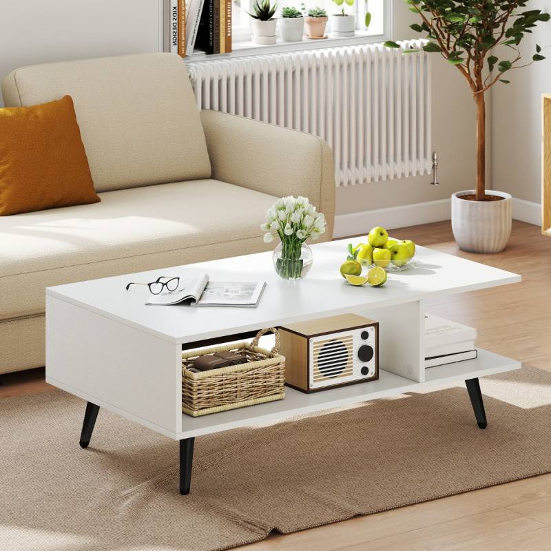Couchtisch mit Stauraum 2 stufiger Wohnzimmertisch mit offenem Regal & Metallbeinen Beistelltisch aus Holz 80 x 45 x 30 cm Weiß von Costway