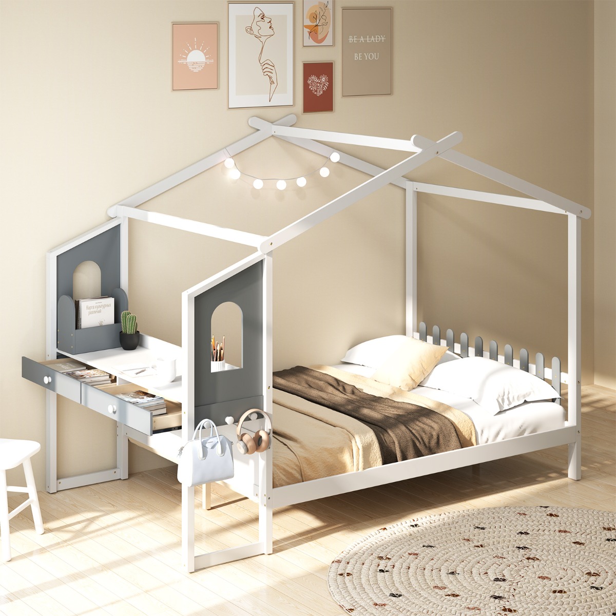 Doppelbett in Hausform mit Schreibtisch & Schubladen & 18 Holzlatten Matratzenbasis Doppelbett in Hausform mit Schreibtisch & Schubladen & 18 Holzlatten Matratzenbasis von Costway
