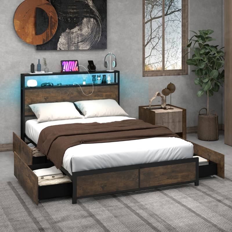 Doppelbettrahmen mit LED Plattformbett & Schubladen geräuschfreies Bettgestell Rustikales Braun von Costway