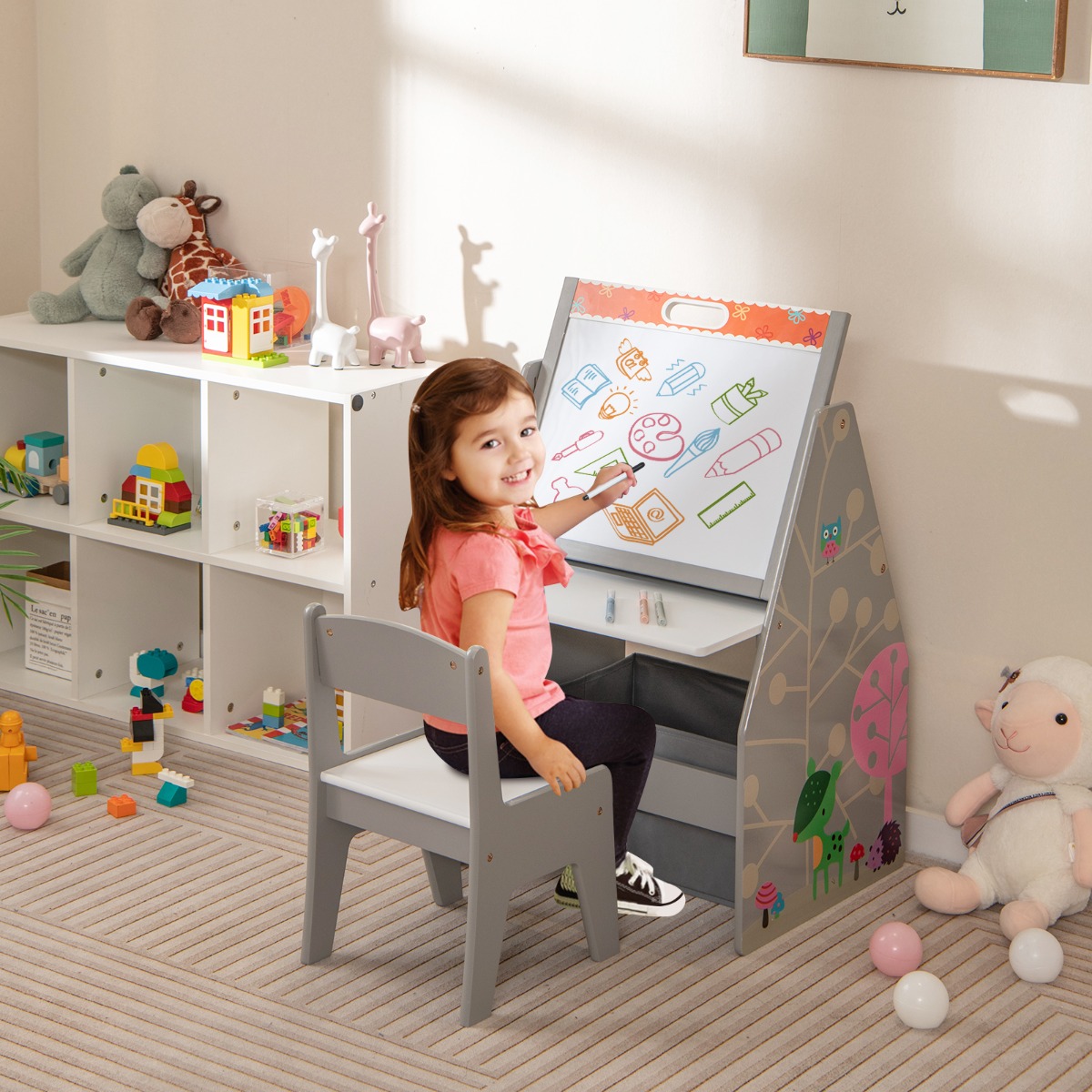Doppelseitiges Kindertisch & Stuhl-Set mit Magnetischer Tafel & Whiteboard & Bücherregal Grau von Costway