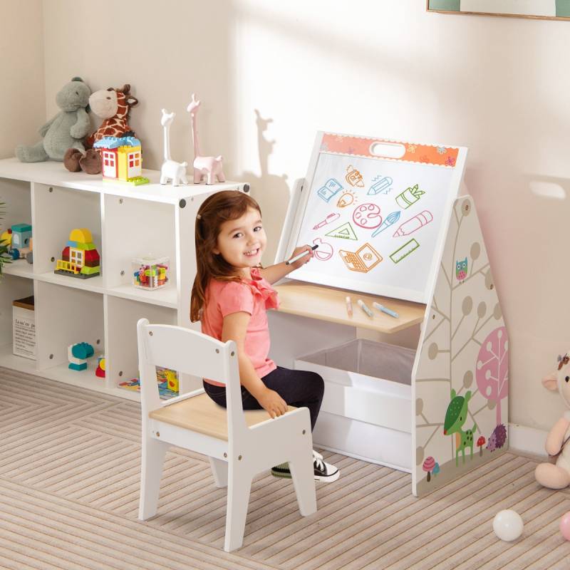 Doppelseitiges Kindertisch & Stuhl-Set mit Magnetischer Tafel & Whiteboard & Bücherregal Weiß von Costway